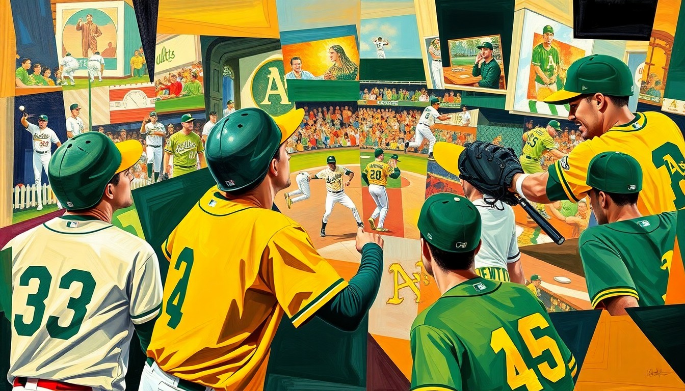 A cubist, geometric painting depicting a baseball game or action, with the players and field broken down into sharp, overlapping planes of vibrant green and gold colors representing the Oakland Athletics' uniform.