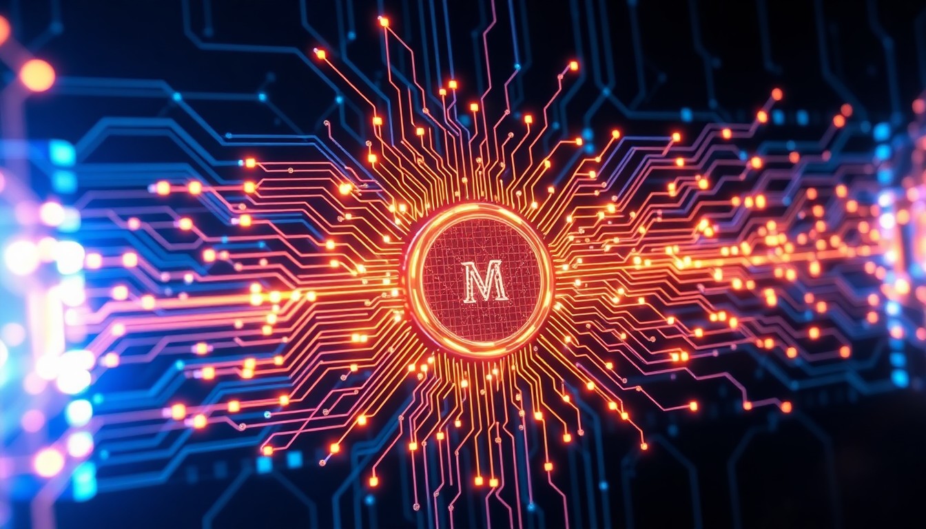 A highly detailed, glowing 3D illustration of a complex network of illuminated circuits, processors, and data streams, representing the Muse Spark AI model and its integration into Meta's social media ecosystem.