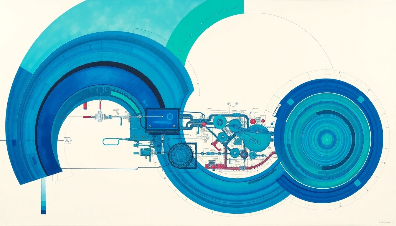 A highly structured abstract painting in bold geometric shapes and vibrant colors, representing the complex mechanical and programming systems that power the Awesome Possums' competition robot.