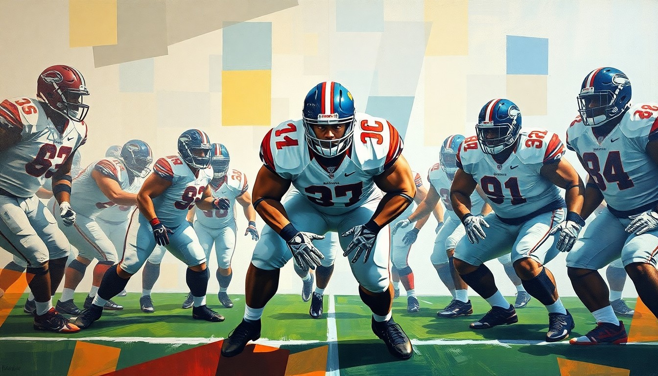 A cubist, geometric painting depicting the abstract forms of massive offensive linemen engaged in a football play, their bodies broken down into sharp, overlapping planes of color and shape.