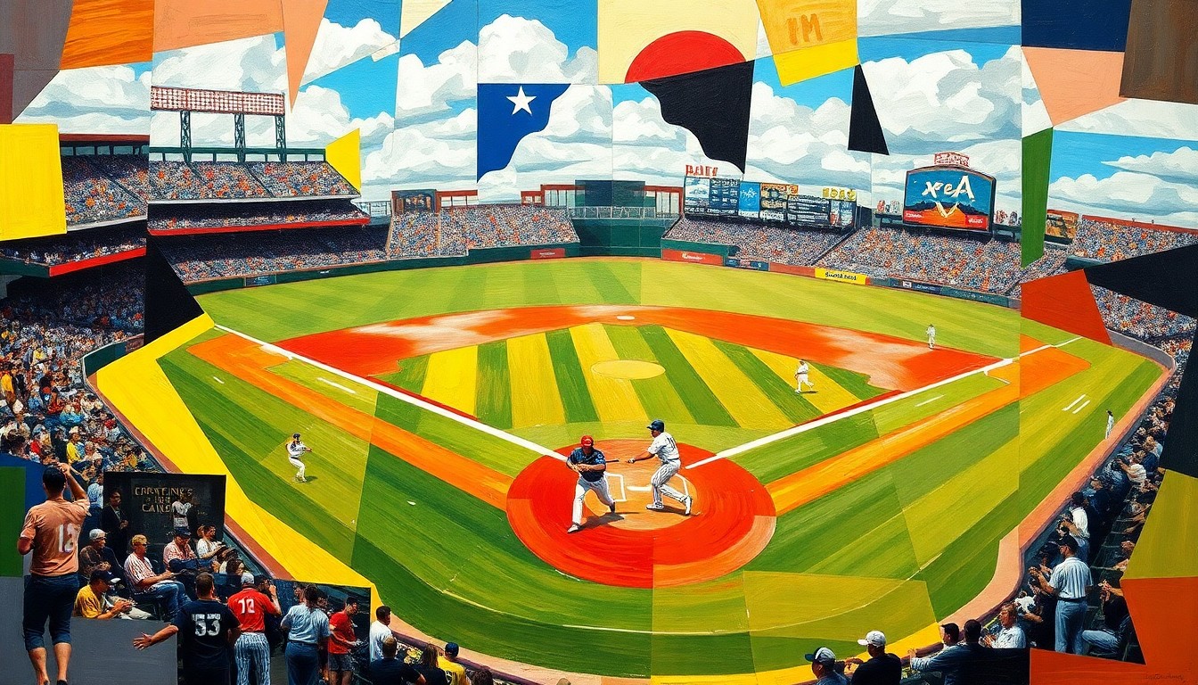 A fractured, multi-perspective painting in vibrant colors, breaking down a baseball game into sharp, overlapping geometric planes that capture the dynamic movements and energy of the players on the field.