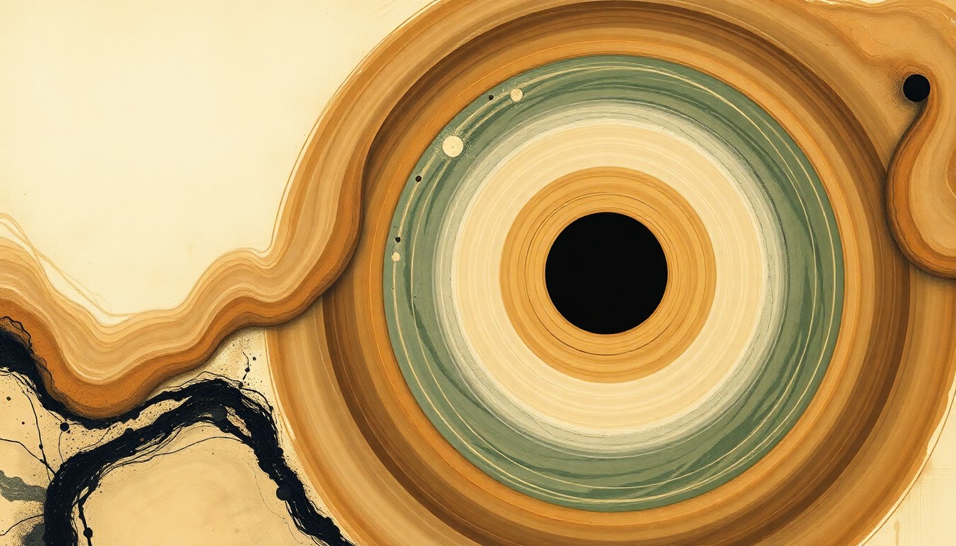 An abstract, highly structured painting in earthy tones of brown, green, and blue, featuring sweeping geometric arcs, concentric circles, and precise spirals, representing the collision of two mysterious cosmic objects from the dawn of the universe.