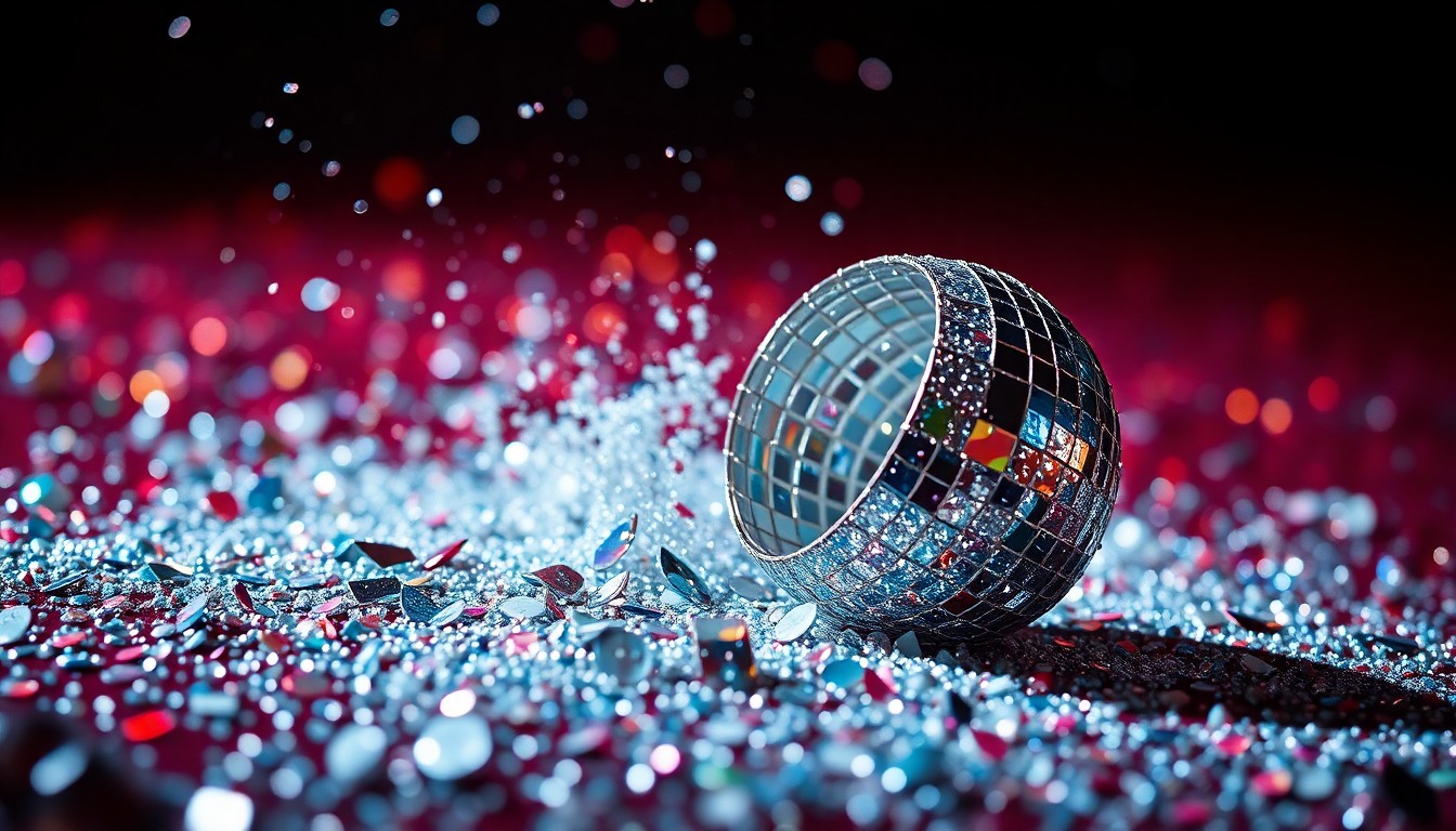 An abstract close-up image of shimmering, high-contrast textures like glittering sequins and shattered glass, conveying the glamour and high-fashion aesthetic of the K-pop industry.