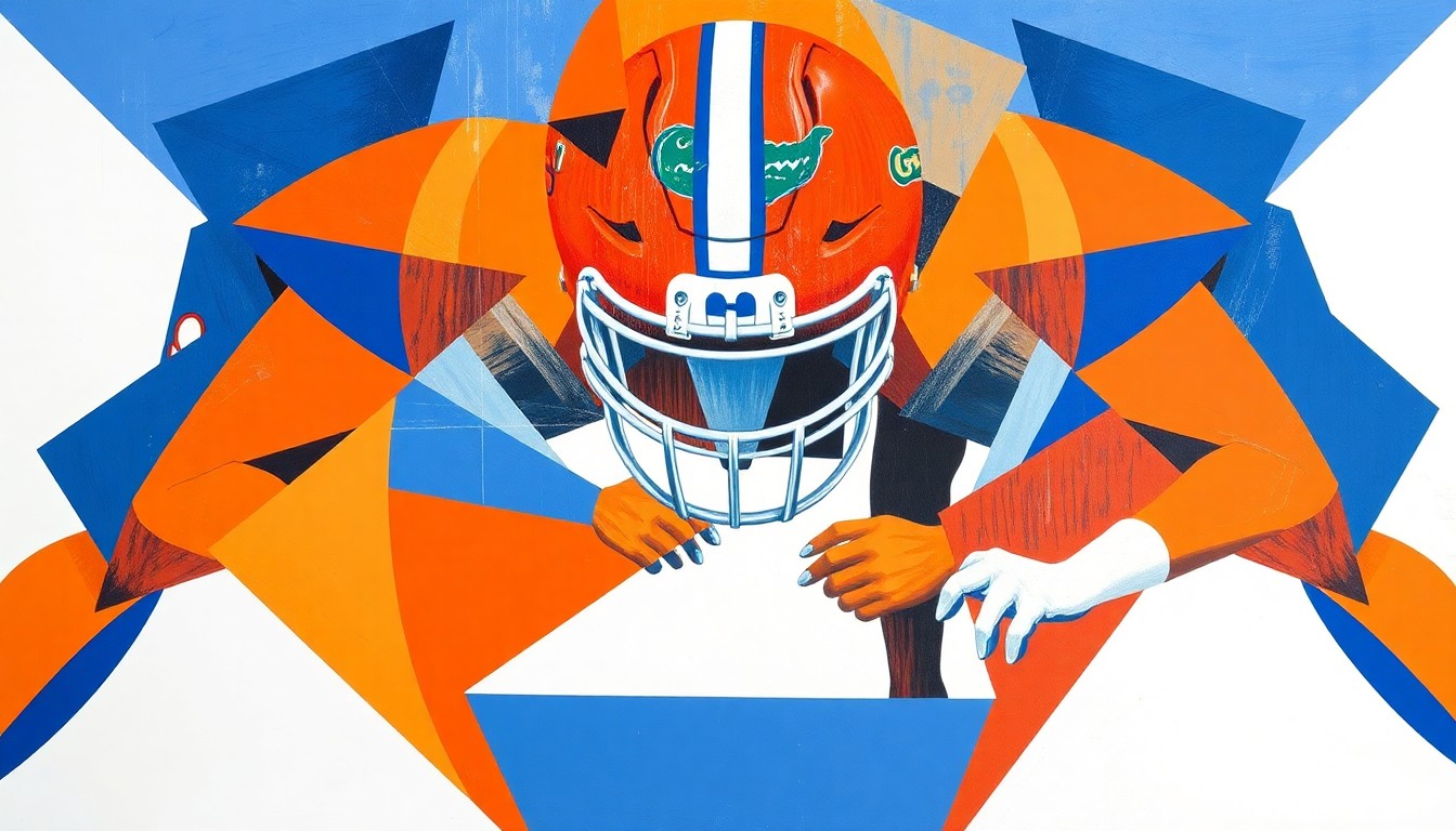 A cubist, multi-angled painting depicting the abstract forms of a football defensive line, with sharp planes of orange, blue, and white representing the dynamic energy of a top recruit's campus visit.