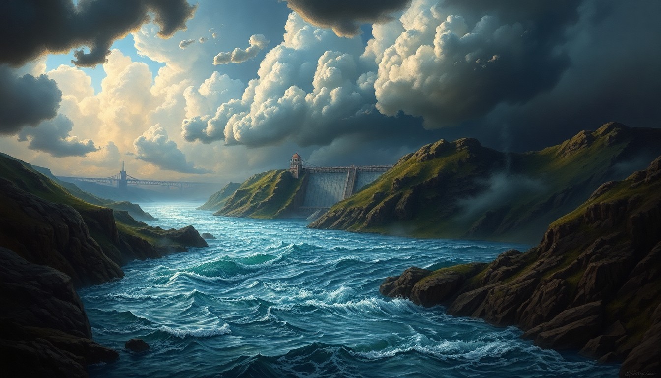 A sweeping, atmospheric landscape painting depicting a raging river with a towering dam in the distance, surrounded by ominous storm clouds and dramatic lighting, conveying the overwhelming power of the natural forces at play.