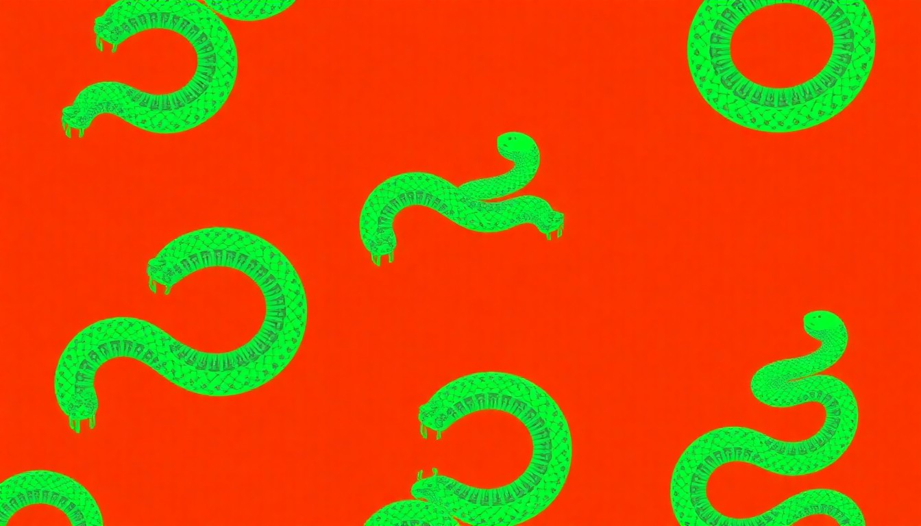 A stylized, pop art-inspired illustration featuring a repeating pattern of a coiled green snake against a bright orange background, conceptually representing the increased presence of snakes in Florida during the spring season.