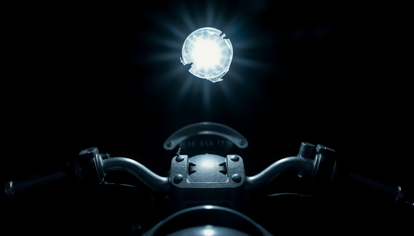 An extreme close-up photograph of a damaged motorcycle part, such as a broken mirror or twisted handlebar, lit by a harsh, direct camera flash against a pitch-black background, conceptually illustrating the aftermath of a serious motorcycle crash.