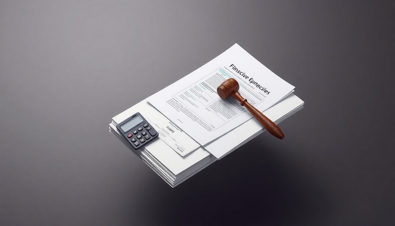 A photorealistic studio still-life photograph featuring a stack of financial documents, a calculator, and a gavel floating on a clean, monochromatic background, conceptually representing the abstract corporate strategy and finance issues at the heart of the Driven Brands securities fraud case.