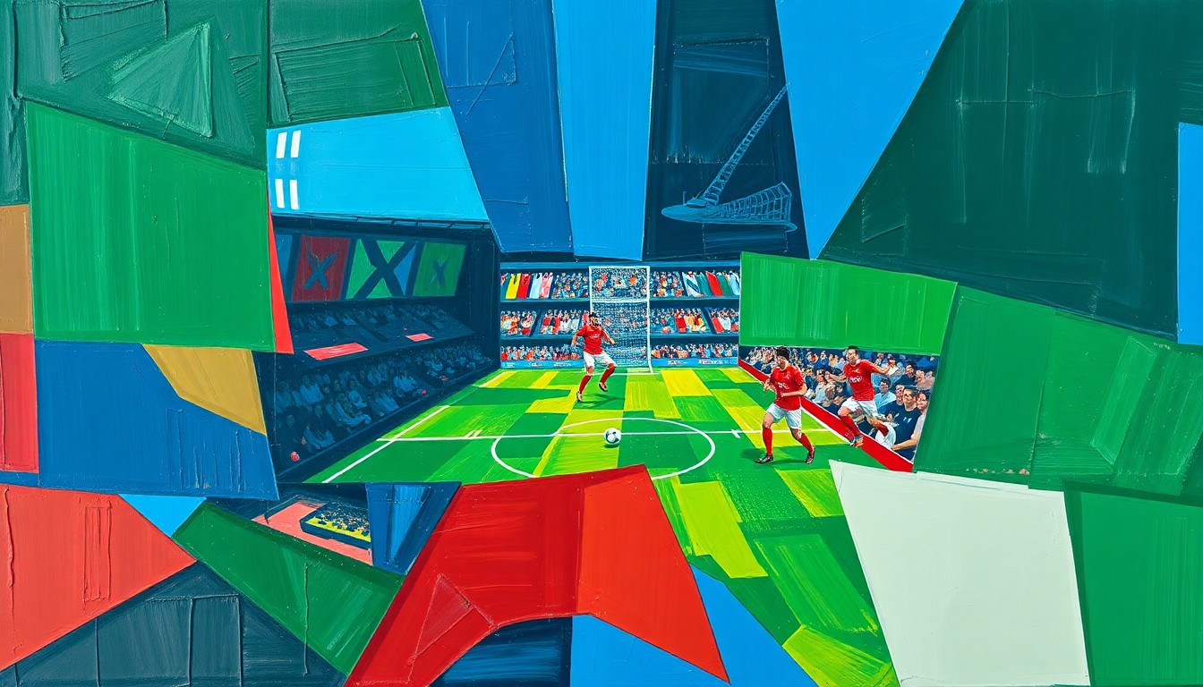 A fractured, multi-perspective painting in vibrant blues, greens, and reds, breaking down a soccer match into sharp, overlapping geometric shapes, conceptually representing the lack of coherent human rights plans from World Cup host cities.