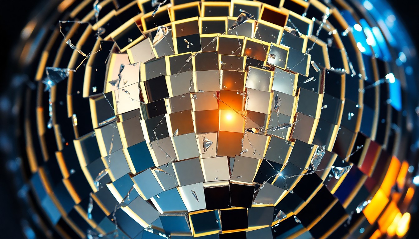 An abstract close-up photograph of shattered glass reflecting bright, glittering light, conveying the high-energy glamour of a rock music collaboration.