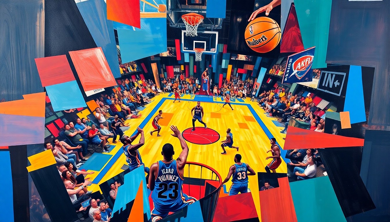 A fragmented, cubist-style painting depicting the action and energy of a high-stakes NBA basketball game between the Oklahoma City Thunder and Denver Nuggets, with the players' uniforms and the court breaking down into sharp, overlapping geometric shapes and planes of color.