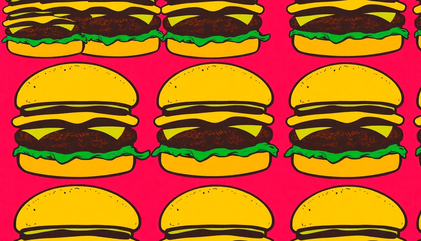 A high-contrast, silkscreen-style illustration of a hamburger repeated in a grid pattern, rendered in bright, neon-like colors with heavy black outlines, conceptually representing the transformation of everyday food into modern pop art.