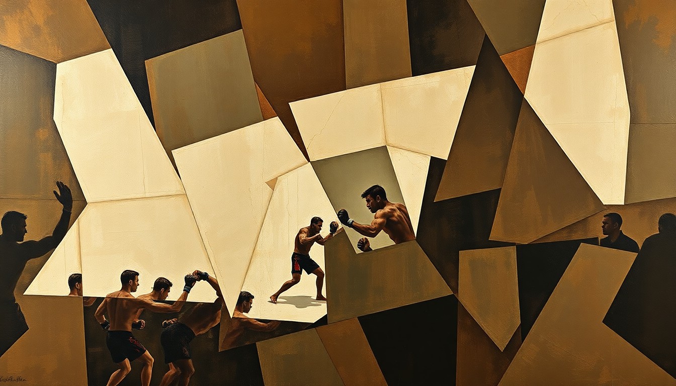 A cubist, geometric painting depicting the fractured, multi-angled movements of two fighters in a UFC match, rendered in muted earth tones without any identifiable figures or text.
