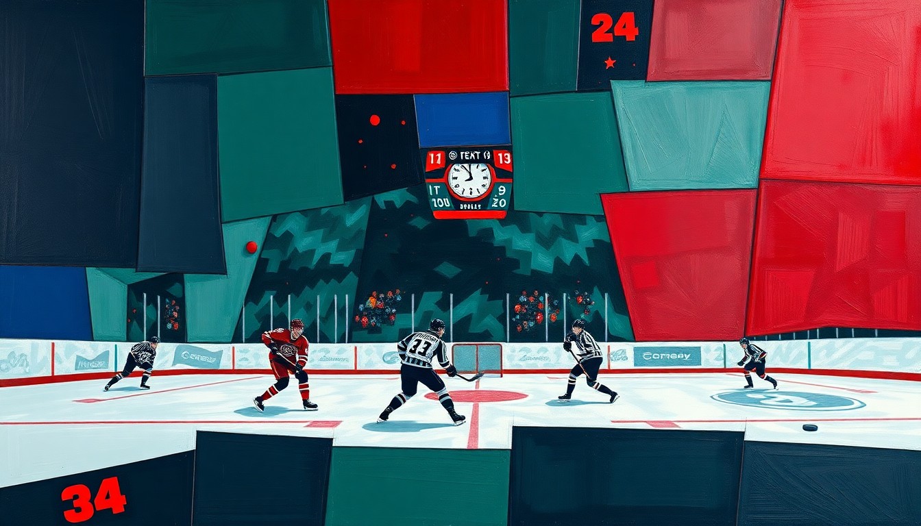 A fragmented, multi-perspective painting depicting a hockey game with players, puck, and arena elements broken down into sharp, overlapping geometric planes in a palette of navy blue, forest green, and crimson red, conceptually representing the fast-paced action and back-and-forth nature of the overtime contest.