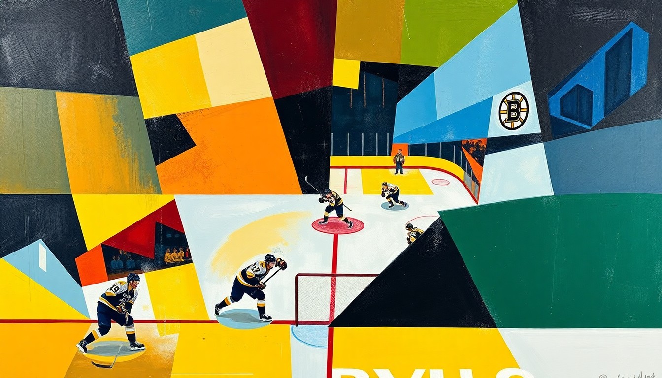 A cubist, geometric painting depicting a hockey game in motion, with sharp, overlapping planes of blue, green, and gold representing the Wolf Pack, and black, gold, and white for the Bruins.