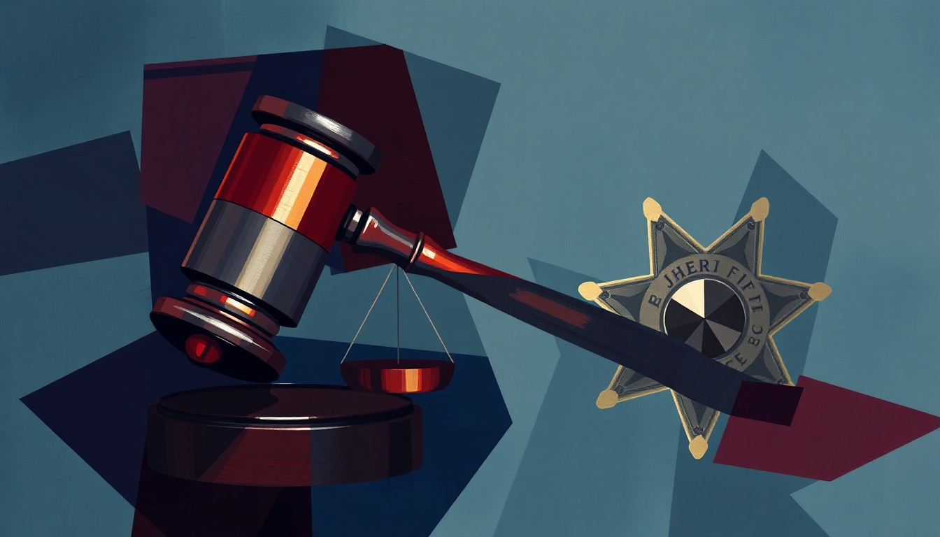 A dynamic, fragmented painting depicting symbols of law and order - a gavel, scales of justice, and a sheriff's badge - in a chaotic, overlapping composition using bold shades of blue, gray, and red, conveying the tension and uncertainty surrounding the new sheriff standards law.