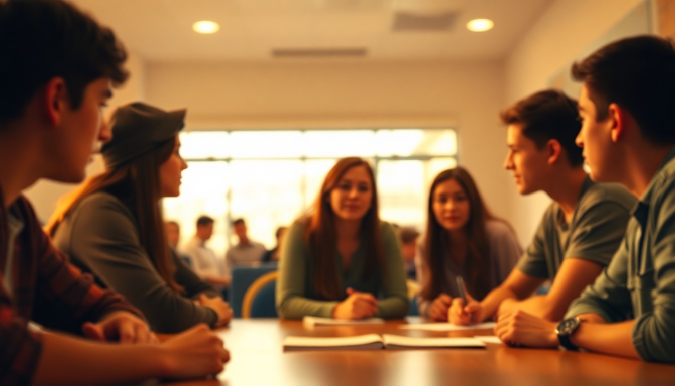 An abstracted, out-of-focus photograph in soft, warm tones depicting a group of college students gathered around a table, their faces obscured but their body language suggesting deep concentration and engagement with the poverty simulation exercise.