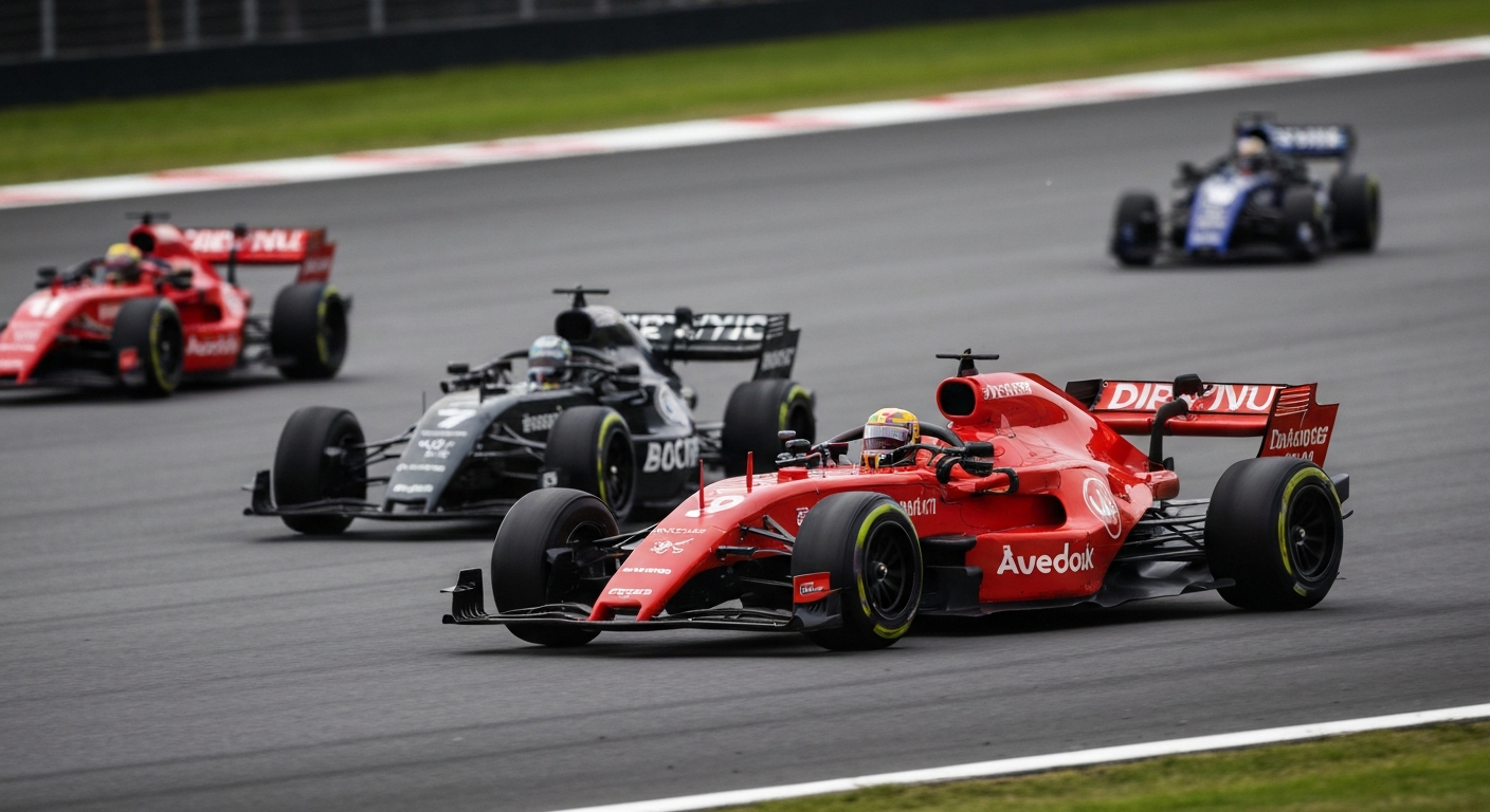 An abstract, blurred image of a high-speed race car, with streaks of bright red, orange, and yellow paint conveying a sense of motion and energy.