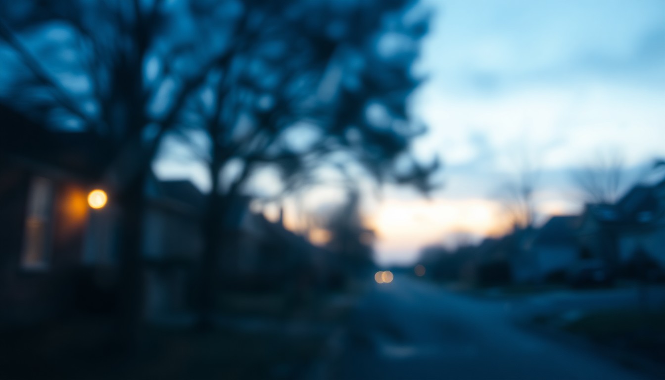 An abstract, impressionistic scene of a residential street at dusk, with only the faint outlines of houses and trees visible through a hazy, rain-streaked lens, conveying the soft, warm glow of a neighborhood during a temporary utility disruption.