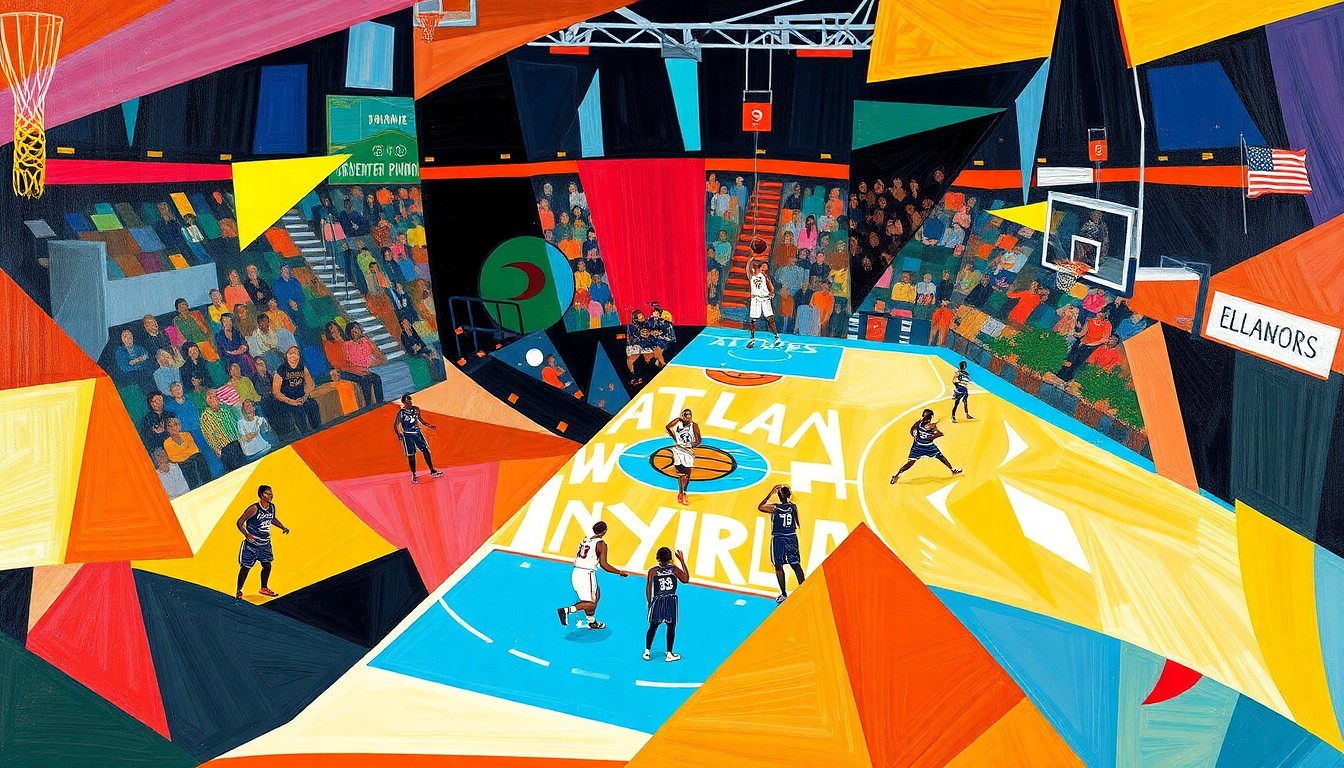 A cubist, geometric painting depicting a WNBA basketball game, with overlapping planes of color representing the players and action on the court.