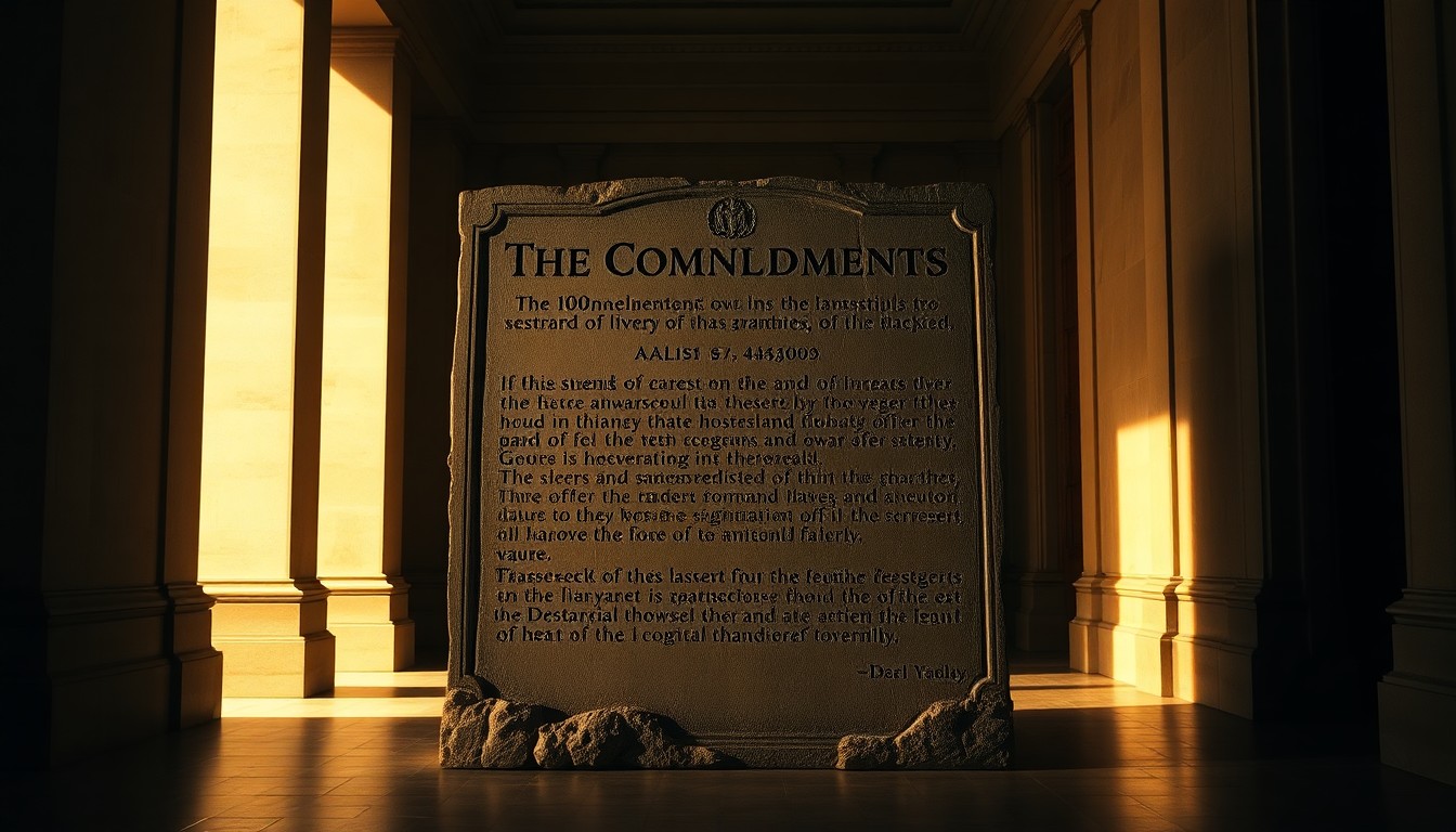 A solitary stone tablet with the Ten Commandments carved into it, standing alone in a dimly lit government building hallway and bathed in warm, diagonal sunlight, creating a sense of quiet contemplation about the role of religion in public institutions.