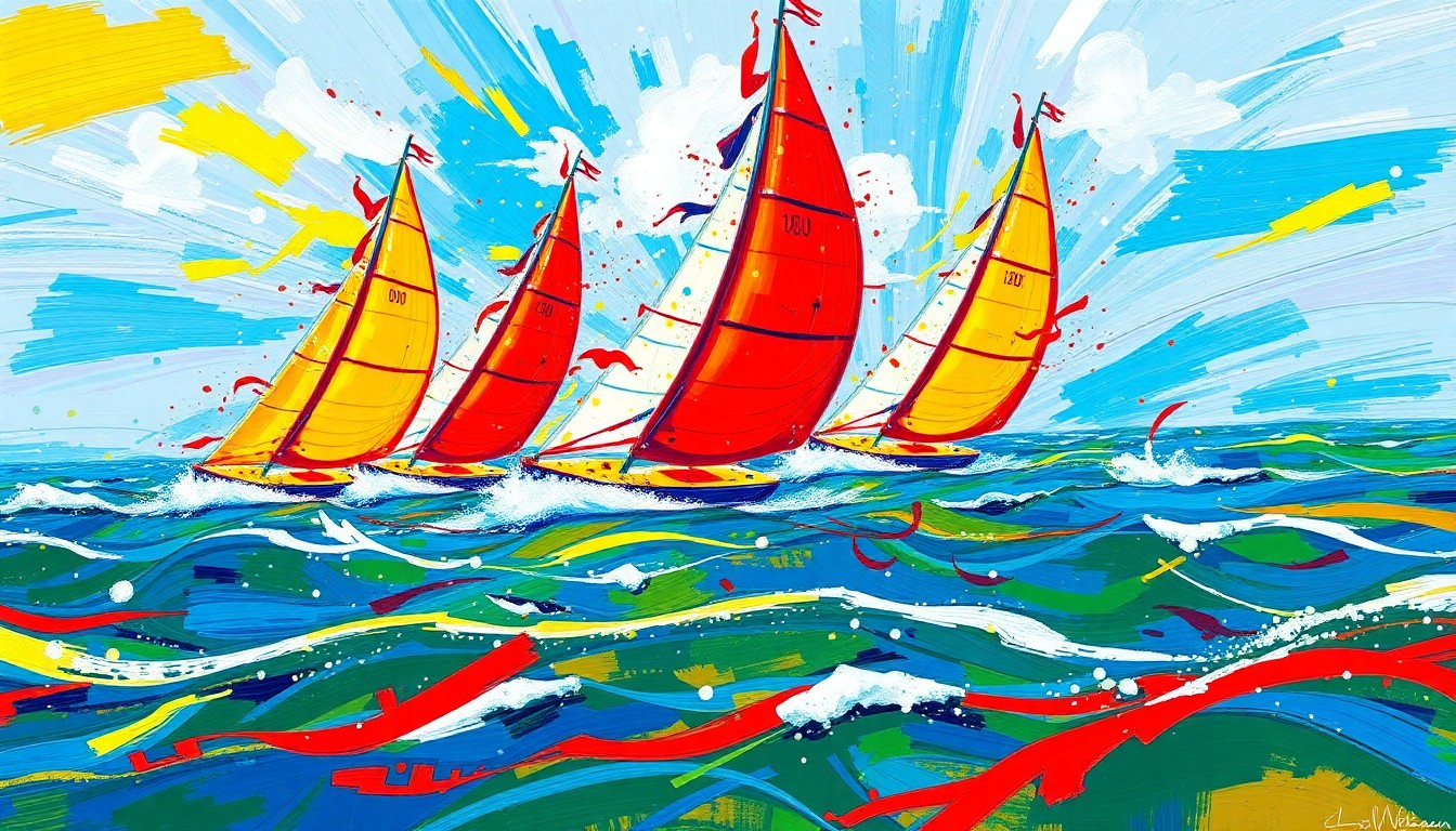 A dynamic, abstract painting featuring bold, sweeping brushstrokes in neon shades of blue, green, and orange, capturing the kinetic energy and fluid motion of foiling sailboats racing across the water.