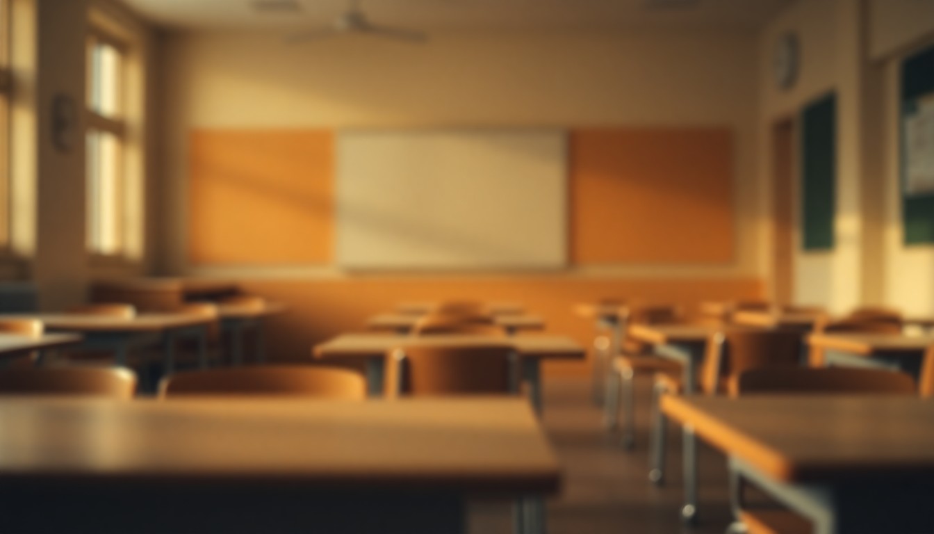 An extremely abstracted, out-of-focus photograph of an empty classroom, with soft pools of warm light and color creating a melancholic, uncertain mood about the future of education in the community.