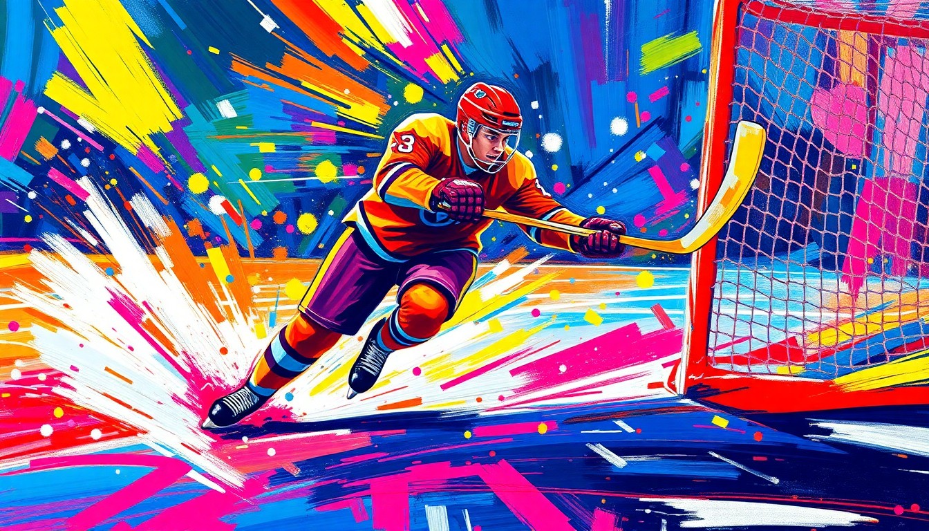 An abstract, energetic painting with bold brushstrokes in neon colors, conceptually representing the intensity and movement of a hockey player scoring a goal.