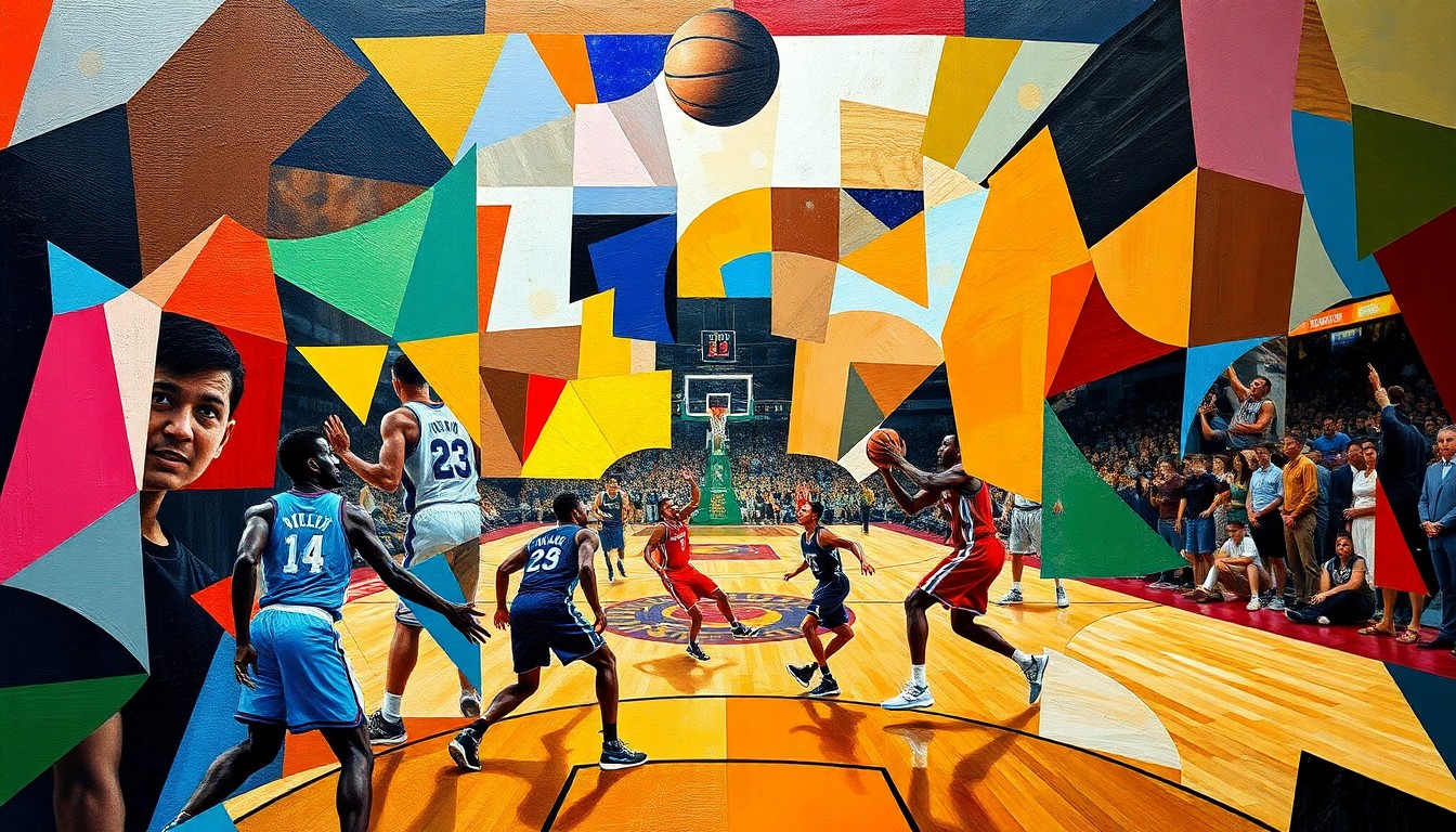 A fragmented, geometric painting depicting the energy and movement of a basketball game, with the players' forms broken down into angular, overlapping shapes in a vibrant color palette.