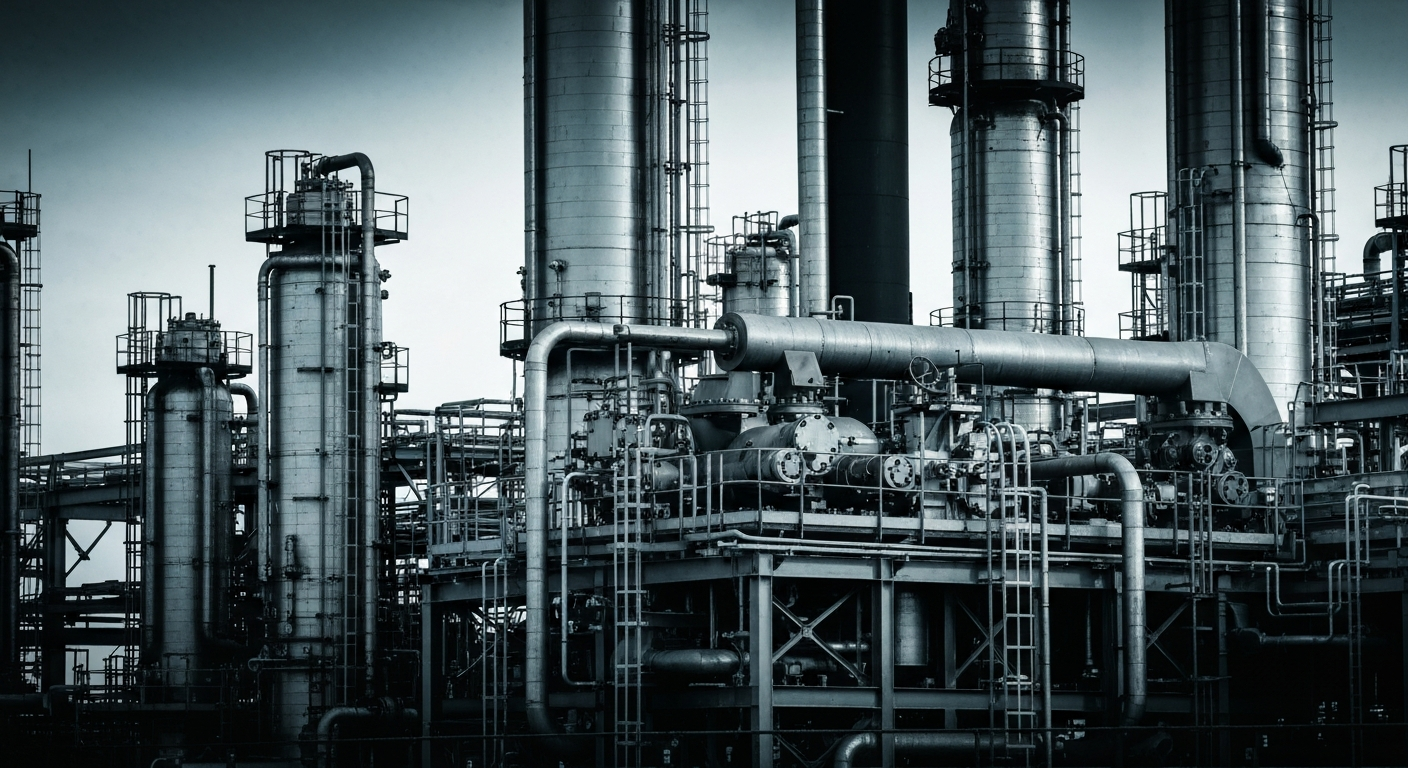 An extreme close-up of intricate, metallic oil refinery equipment and pipes, conveying the complex, industrial nature of the global energy system.