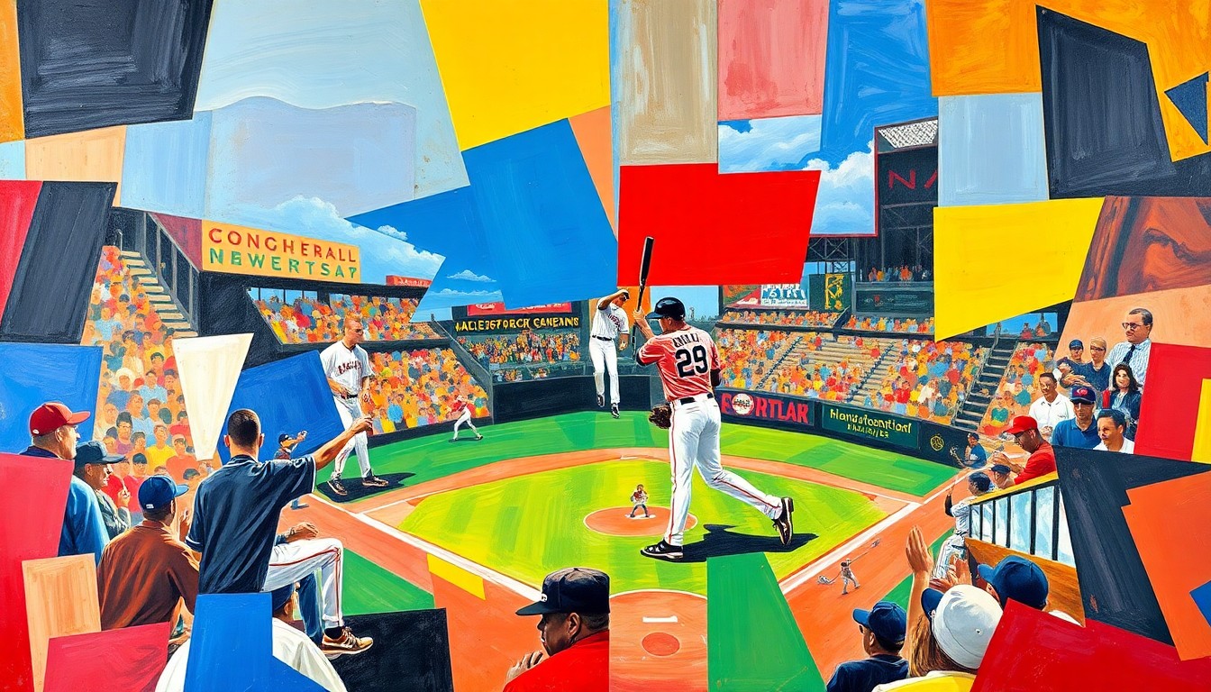 A cubist, geometric painting depicting a baseball player hitting a home run, with the action broken down into overlapping planes of bright, vibrant colors.
