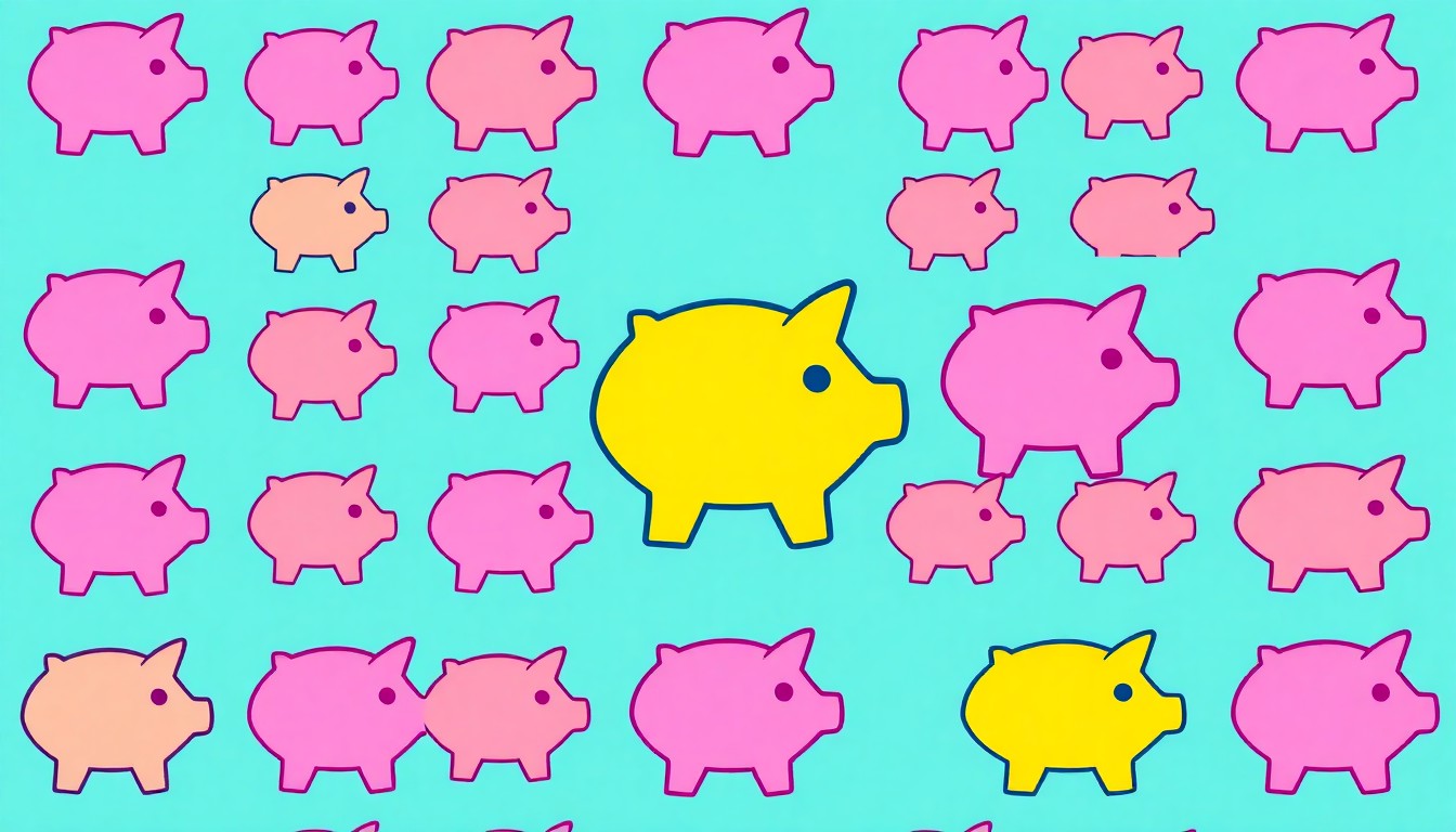 A vibrant, high-contrast silkscreen print featuring a repeated icon of a piggy bank in shades of blue, green, and orange, conceptually representing the importance of protecting foster children's financial resources.