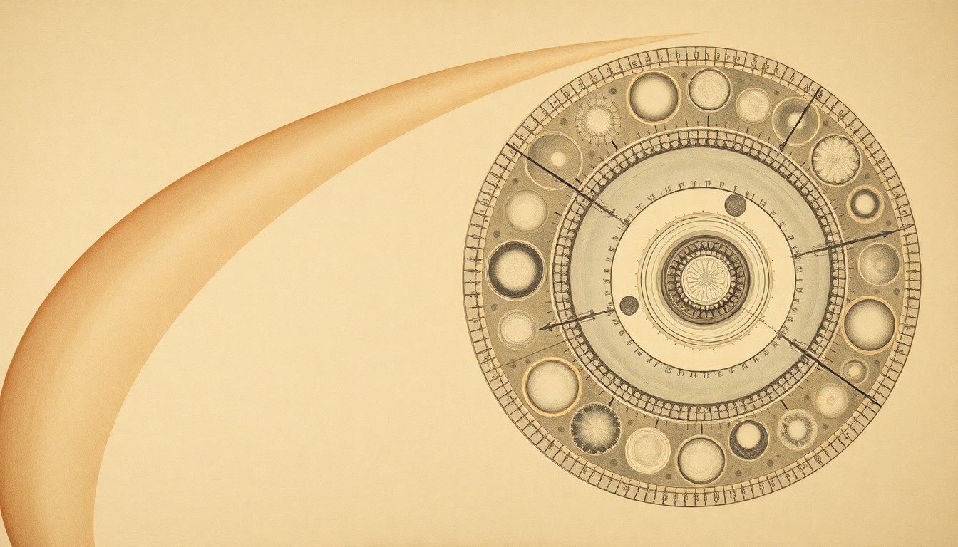 A highly textured, sweeping abstract painting in earthy tones of yellow, red, and blue, depicting the complex geometric patterns and natural spirals that govern the physics of a lunar spacecraft mission.