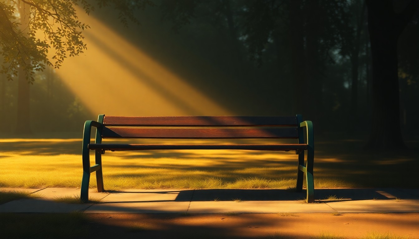 A serene, cinematic painting of an empty park bench bathed in warm, golden sunlight and deep shadows, conveying a sense of contemplation and the complex legacy of a public figure.