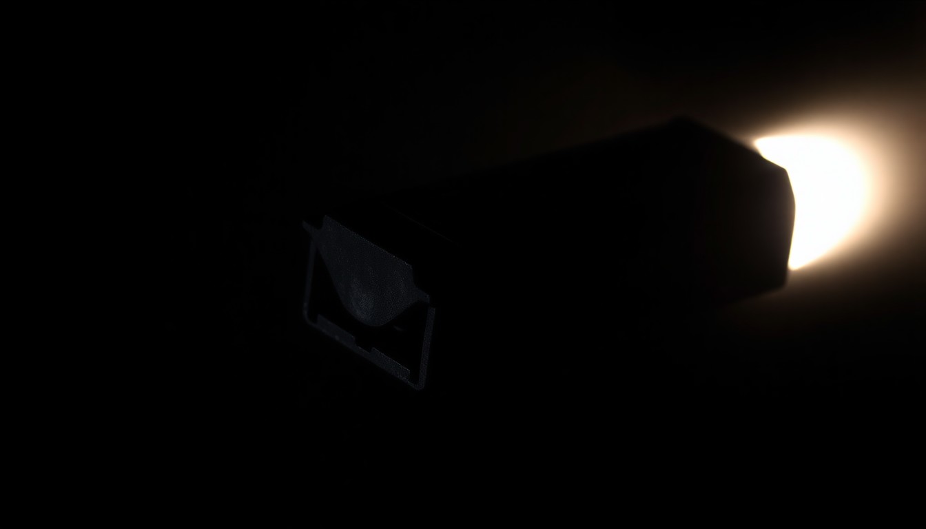 An extreme close-up photograph of a police-issued firearm magazine or ammunition cartridge, lit by a harsh, direct camera flash against a pitch-black background, creating a stark, gritty, investigative aesthetic.
