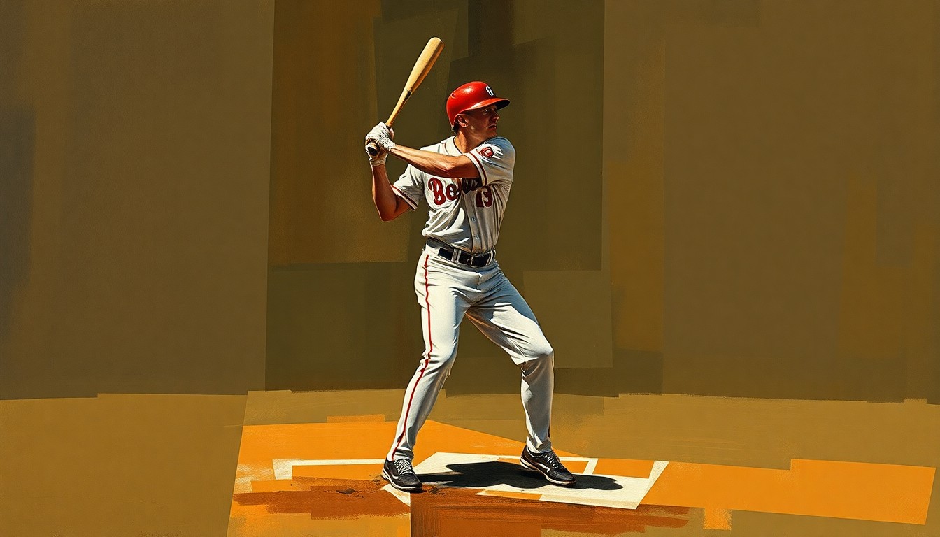 A fractured, geometric painting depicting a baseball player's body and equipment broken down into sharp, overlapping planes of muted earth tones, conveying the dynamic motion and multiple perspectives of the game.