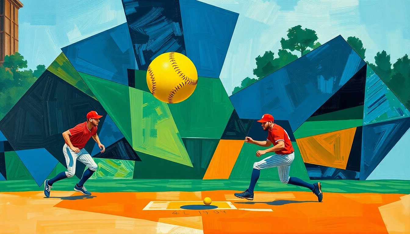 A cubist, geometric painting depicting the dynamic movements and action of a softball game, with the players and ball rendered in overlapping, angular shapes in a bold color palette.