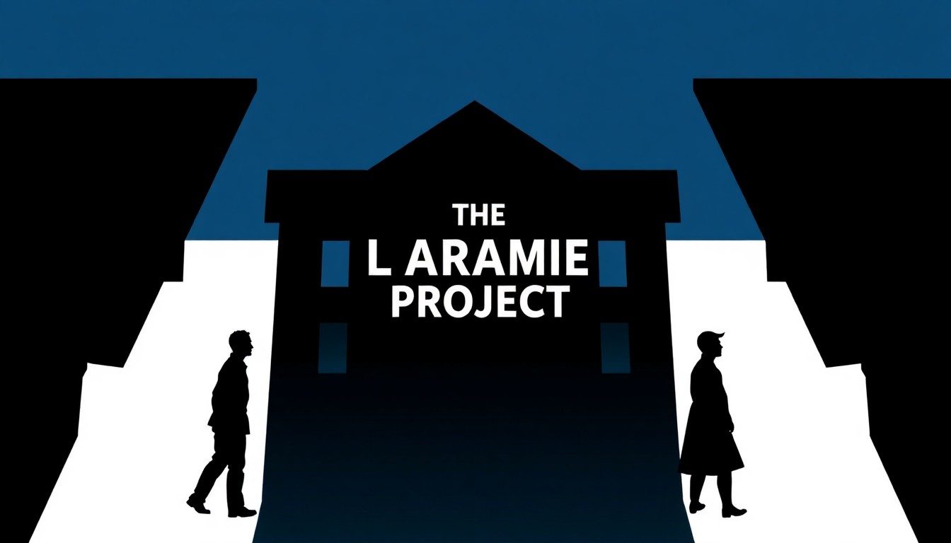 An abstract, minimalist illustration featuring stark black silhouettes and geometric shapes in muted blue, grey, and white tones, conceptually representing the themes of violence, injustice, and the quest for acceptance explored in 'The Laramie Project'.
