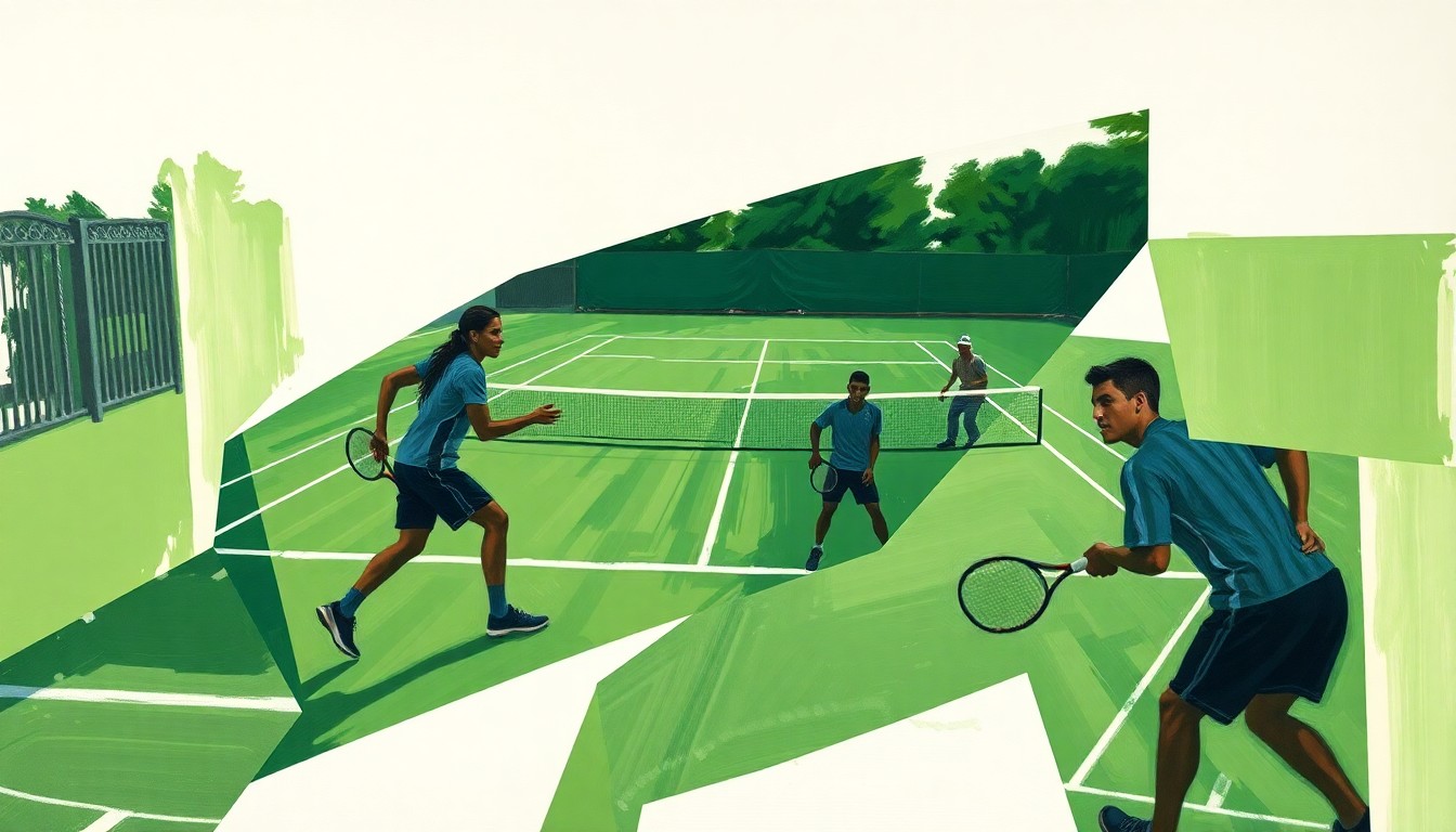 A cubist-style painting featuring overlapping geometric shapes and planes of green, white, and blurred human forms, representing the dynamic movement and energy of a college tennis competition.