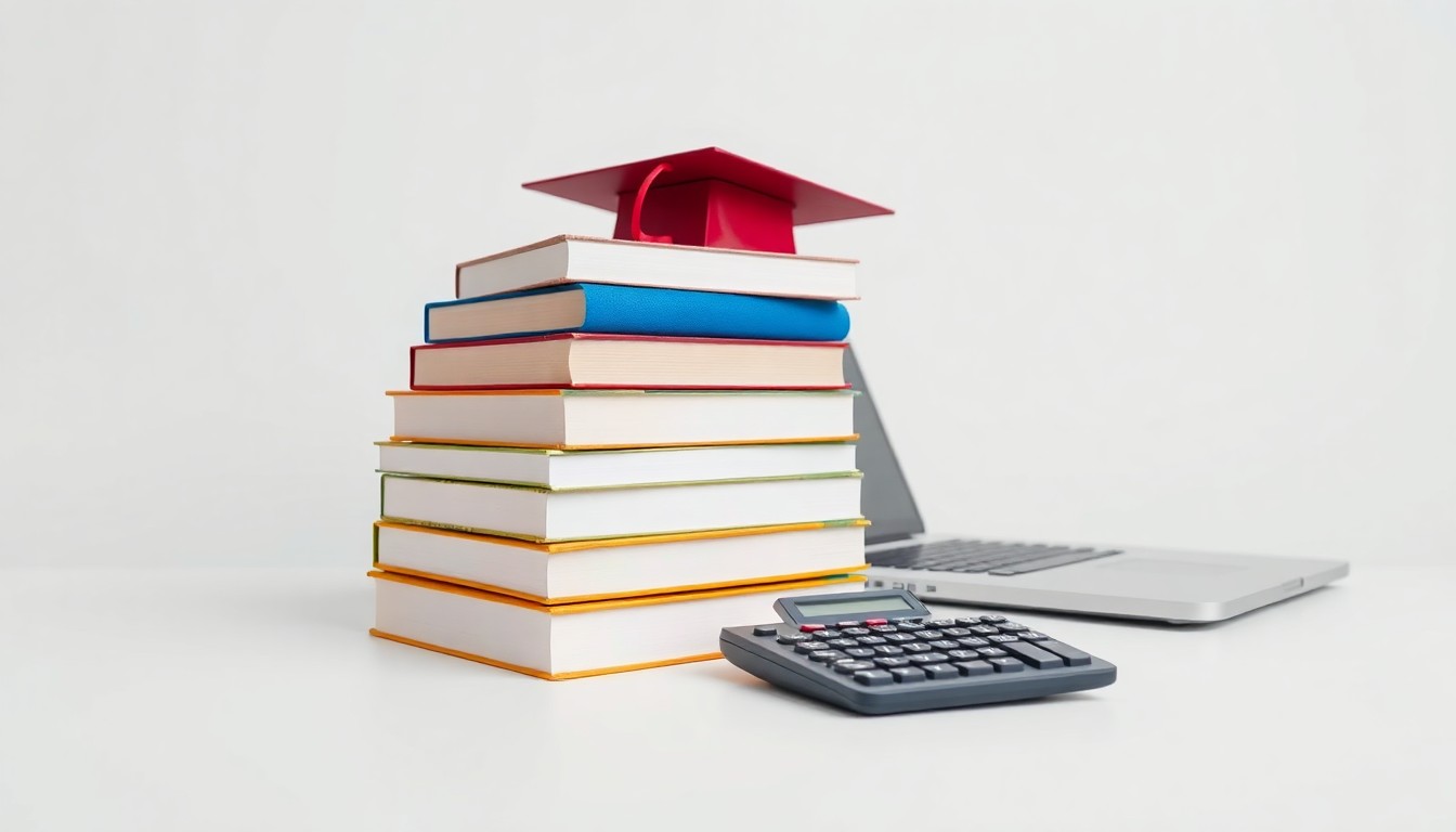 A photorealistic studio still life featuring a stack of college textbooks, a laptop computer, and a calculator arranged on a clean white background, symbolizing the financial oversight challenges faced by higher education institutions.