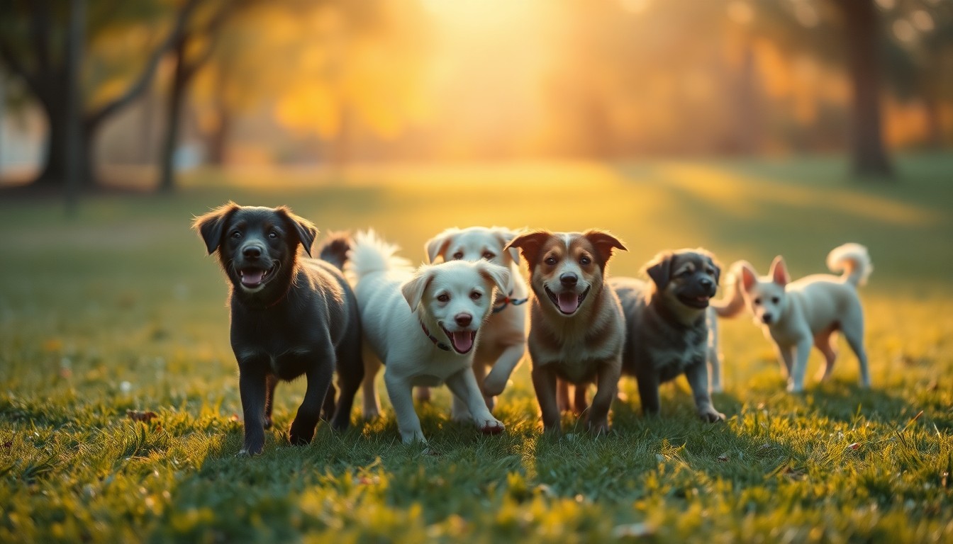 An abstract, out-of-focus photograph depicting a group of dogs playing together in a park, with warm, hazy pools of light and color creating a dreamlike, atmospheric scene.