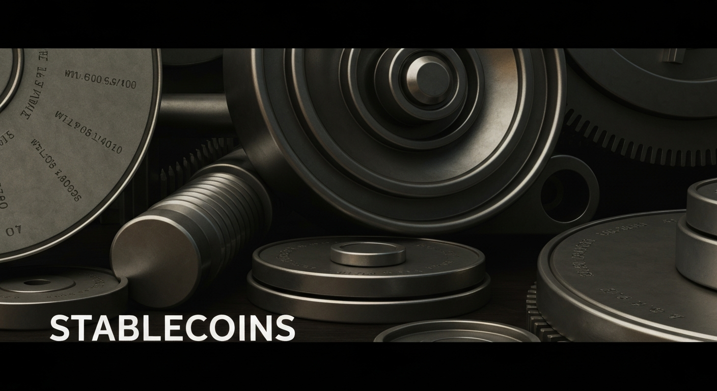 An extreme close-up of gears, levers, and other industrial banking equipment, conveying the complex mechanics of the traditional financial system that could be challenged by the rise of blockchain-based stablecoins.