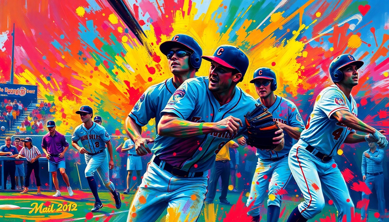 An abstract, expressionist painting in neon colors depicting the dynamic motion and energy of a college baseball game, with players' forms dissolving into vibrant brushstrokes.