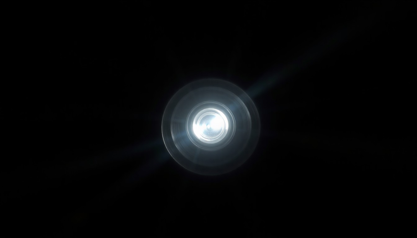 An extreme close-up of a hidden camera lens, lit by a harsh flash against a dark background, conceptually representing the unlawful eavesdropping at the center of this crime story.