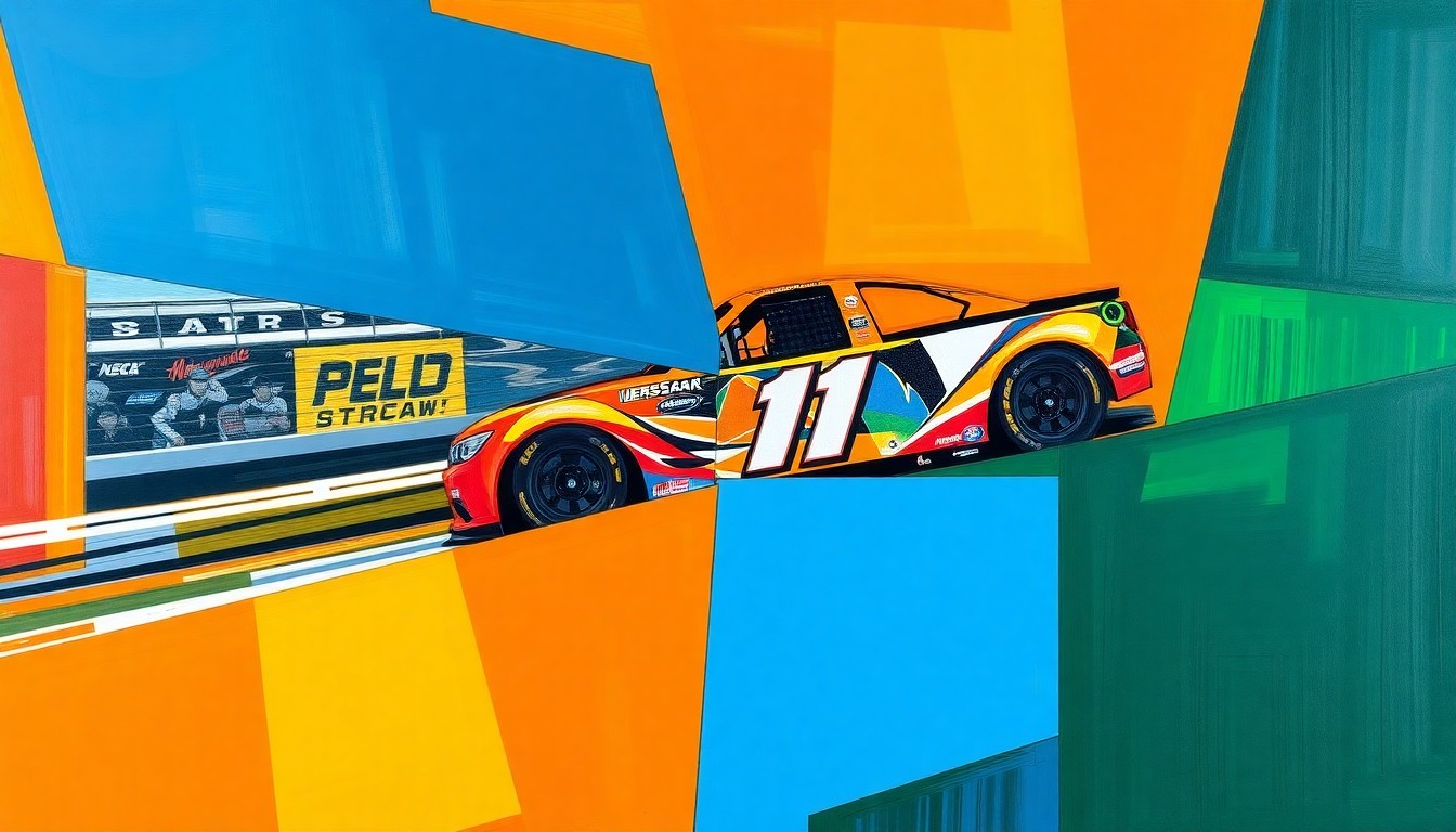 A fractured, geometric painting depicting the chaotic racing action and clashing drivers at the Tennessee Army National Guard 250 NASCAR Craftsman Truck Series race at Bristol Motor Speedway.