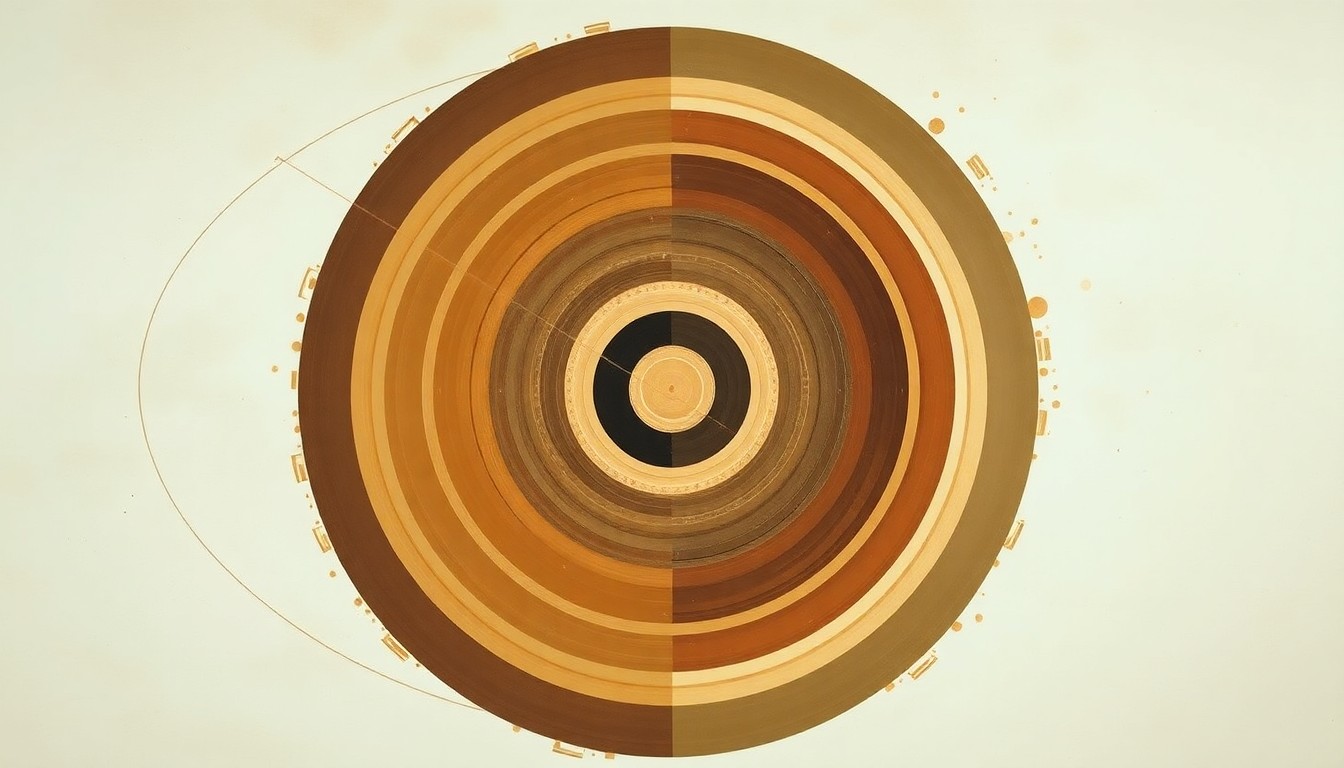 A highly textured, abstract painting in earthy tones of brown, ochre, and olive green, featuring sweeping geometric arcs, concentric planetary circles, and precise botanical spirals, conceptually representing the complex forces and concepts of the Artemis II mission.