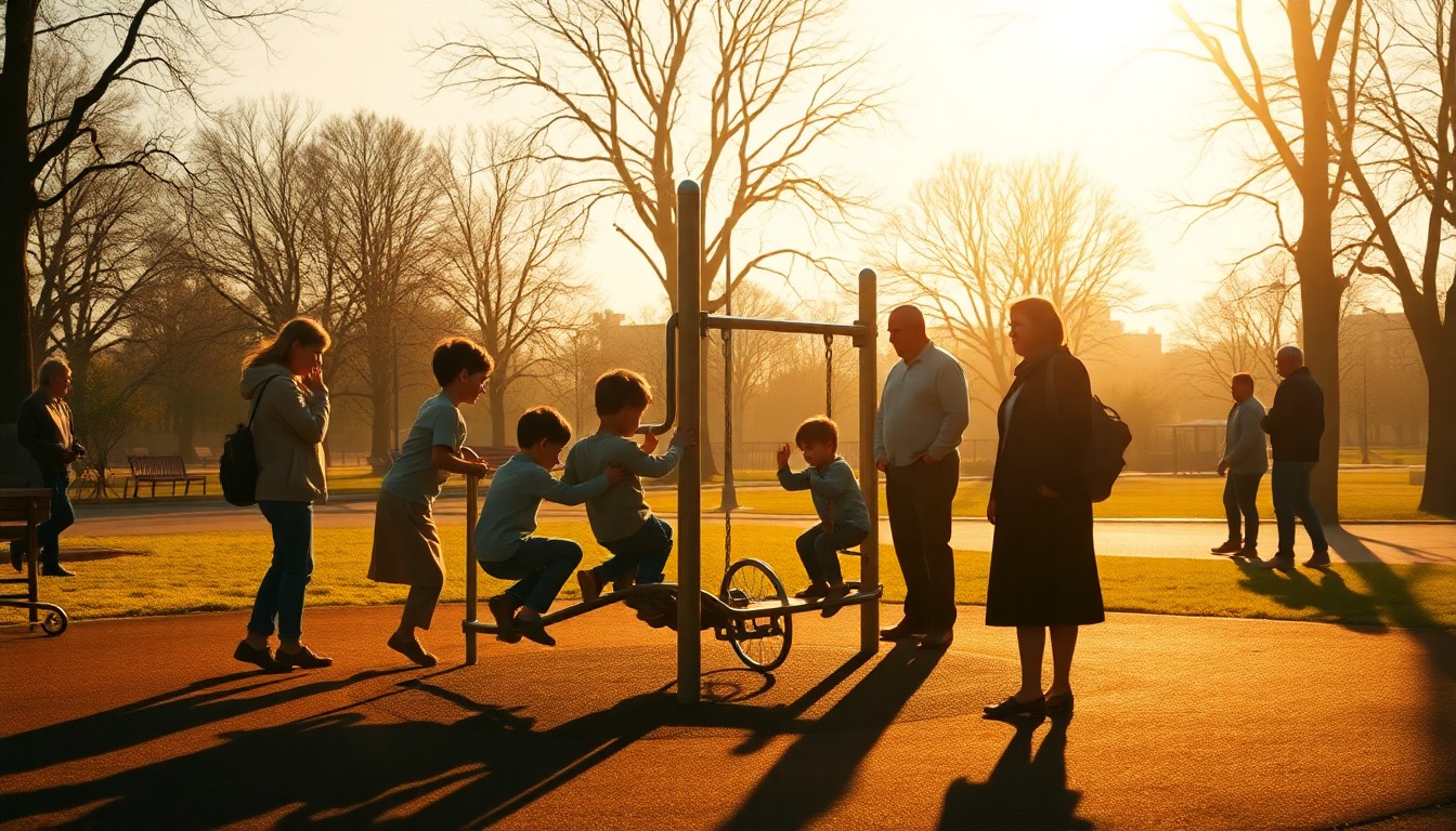 A serene, painterly scene of children playing on inclusive playground equipment in a sunlit park, with parents and grandparents watching nearby, conveying a sense of community and accessibility.