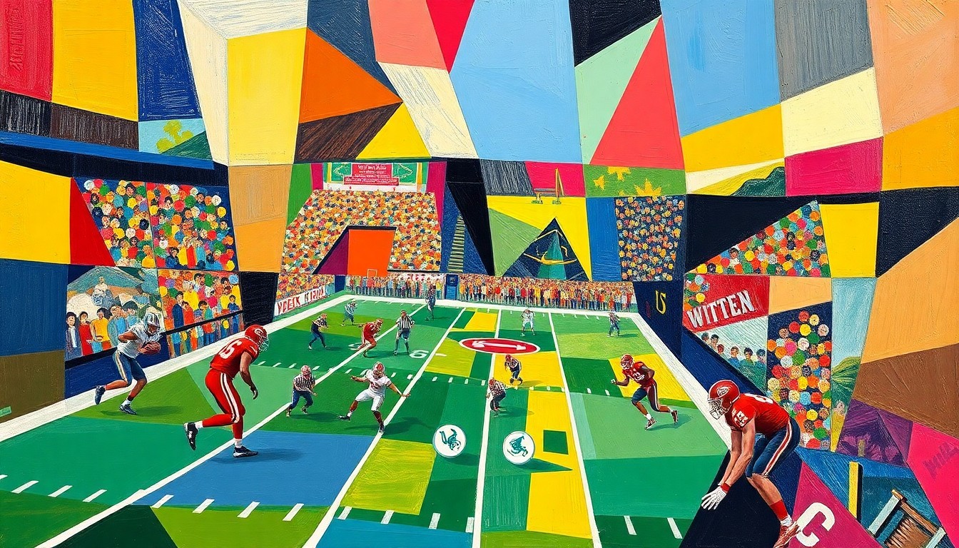 A fragmented, geometric painting in vibrant orange and blue hues, capturing the dynamic movements and shifting perspectives of a college football practice or game.