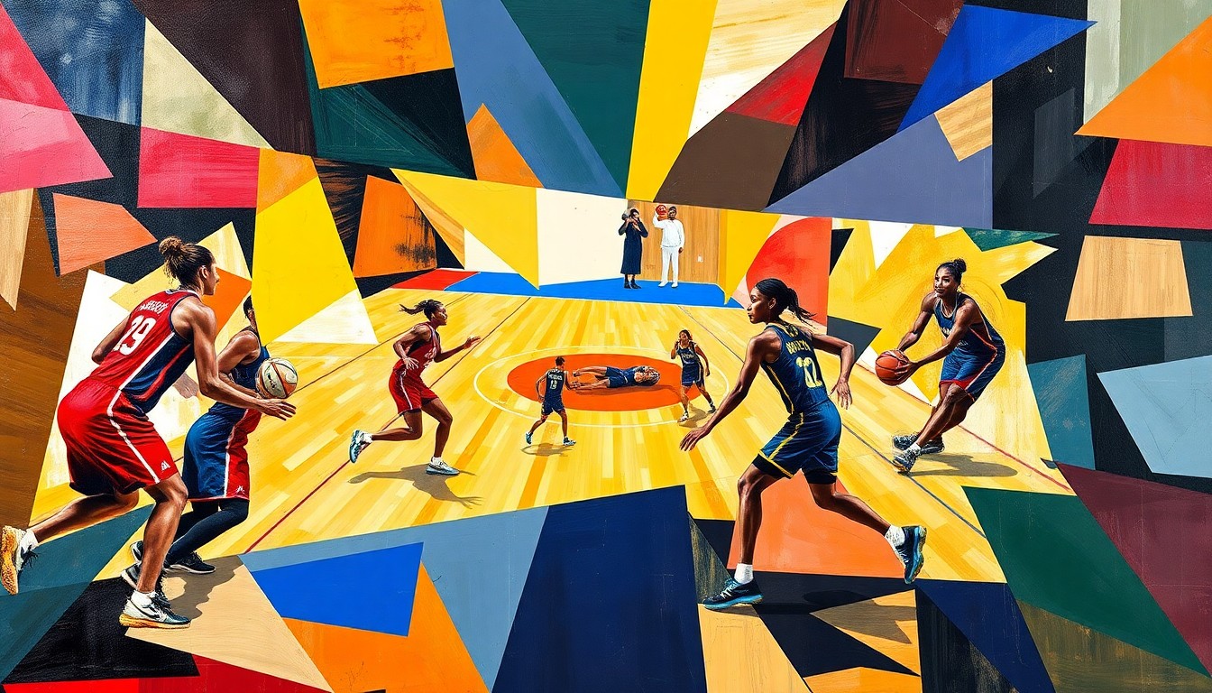 A cubist, geometric painting depicting the dynamic movements and energy of a WNBA basketball game, with the players' forms deconstructed into abstract shapes and planes of color.