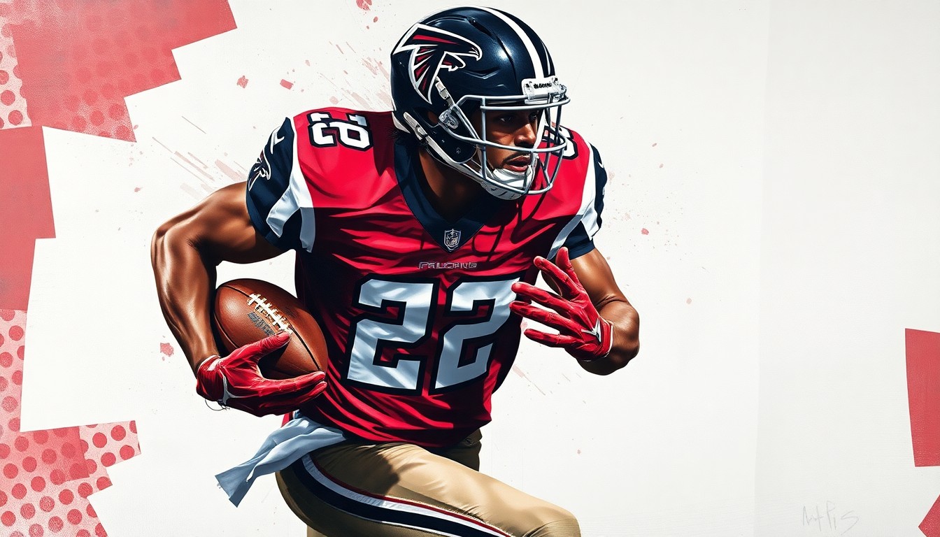 A cubist, geometric painting depicting a football player in motion, with their body broken down into sharp, overlapping planes of red, black, and white, capturing the dynamic energy of the sport.